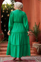 Women's Green Elastic Waist Layered Seersucker Fabric Hijab Dress 3033 - 4
