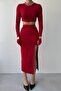 Red Stretchy Fabric Hand Fitting Design Crop Blouse and Slit Midi Skirt Two-Piece Suit 287 - 5