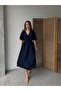 Women's V-Neck Navy Blue Muslin Fabric Short Sleeve Dress - 7
