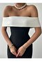 Black Atlas Fabric White Strapless Neck Slit Detailed Midi Dress 250 - 2