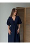 Women's V-Neck Navy Blue Muslin Fabric Short Sleeve Dress - 5