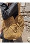 Motifed Straw Color Medium Size Handle Beach Bag Hand Knitted - 5