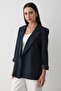 Women's Navy Blue Striped Lined Sleeve Detailed Blazer Jacket - 5