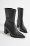 Women's Black Leather Heeled Boots, Pointed Toe, Side-Zip Closure, Thick Heel