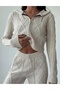 Women's Hooded Zippered Crop Cardigan Trouser Bottom Top Knitwear Set - Stone S/M - 7