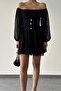 فستان أسود مبطن من قماش الشيفون بدون حمالات وأزرار وأكمام طويلة 089 - 8