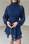 Lined Chiffon Fabric, Low-cut Back, Long Sleeve Navy Blue Evening Dress 066