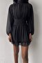 Women's Black Chiffon Fabric High Collar Back Low-cut Detailed Long Sleeve Mini Dress 066 - 4