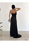 Women's Long Slit Rope Strap Front Pleated Evening Dress Engagement Henna Wedding Evening Dress Black - 8