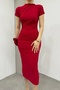 Women's Red Sandy Fabric Gathered Design Stand Collar Short Sleeve Midi Dress 12470 - 7