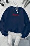 Unisex Navy Blue Hawaii Printed Crew Neck Sweatshirt - Winter Embossed Fabric