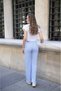 Women's Blue High Waist Lace-Up Seersucker Fabric Loose Leg Relaxed Cut Loose Summer Pants - 8