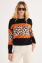 Women's Slim Fit Fitted Crew Neck Leopard Patterned Black Sweater - 5