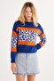 Women's Slim Fit Fitted Crew Neck Leopard Print Blue Sweater - 4