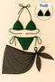 Women's Green Black Pareo Side and Neck Tie 3-Piece Bikini Set