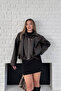 Women's Black Leather Jacket – Oversize Crop Leather Coat, Zippered Relaxed Fit, New Season Trend Stylish Coat - 2