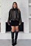 Women's Black Leather Jacket – Oversize Crop Leather Coat, Zippered Relaxed Fit, New Season Trend Stylish Coat - 3