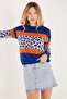 Women's Slim Fit Fitted Crew Neck Leopard Print Blue Sweater