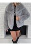 Women's Gray Collared Faux Fur Jacket Premium Imported - 4