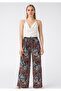 Women's Red Turquoise Shawl Patterned Tie Detail Comfortable Cut Palazzo Viscose Trousers with Elastic Waist