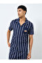 Men Navy Blue Striped Resort Collar Shirt and Shorts Set - 2