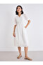 Women White Schiffli V Neck A-Line Mid Dress - 3