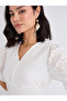 Women White Schiffli V Neck A-Line Mid Dress - 4