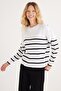 Women's Slim Fit Slim Fit Crew Neck Striped White Sweater - 2