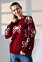 Round Neck Long Sleeve Bow Tie Bow Pattern Jacquard Panel Pearl Detail Knitwear Winter Sweater - 5