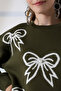 Round Neck Long Sleeve Bow Tie Bow Pattern Jacquard Panel Pearl Detail Knitwear Winter Sweater - 3