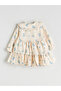Beige Peter Pan Collar Ruffled Printed Baby Girl Dress - 3