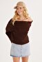 Women's Regular Fit Classic Cut Long Sleeve Off-The-Shoulder Brown Sweater