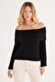 Women's Regular Fit Classic Cut Long Sleeve Off-The-Shoulder Black Sweater - 4
