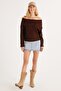 Women's Regular Fit Classic Cut Long Sleeve Off-The-Shoulder Brown Sweater - 5