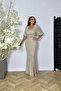 G1509 Square Neck Knot Detailed Sequin Evening Dress Cream