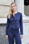 Women's Stretchy Suede Fabric Zero Collar Flato Pocket Long Sleeve Blazer Jacket-Navy Blue