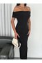Women's Black Madonna Collar Off-Shoulder Body-Hugging Sandy Fabric Midi Length Invitation Dress - 3