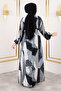 Geometric Patterned Waist Belted Viscose Long Hijab Dress Tsd250213 Gray - 5