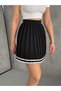 Women's Black High Waist Skirt with Shorts and White Striped Pleated Korean Style Mini Short Tennis Skirt - 4