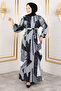 Geometric Patterned Waist Belted Viscose Long Hijab Dress Tsd250213 Gray - 3
