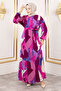 Geometric Patterned Waist Belted Viscose Long Modest Dress Tsd250213 Fuchsia - 3