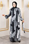 Geometric Patterned Waist Belted Viscose Long Hijab Dress Tsd250213 Gray - 4