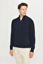 Men's Navy Blue Cotton Zippered Bato Collar Jacquard Standard Fit Regular Cut Knitwear Sweater - 3