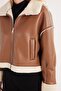 Women's Regular Fit Classic Cut Tan Leather Coat with Feathered Sleeve Detail - 3