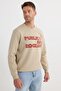 Unisex Oversize Wide Cut Cotton Soft Textured Printed Beige Sweatshirt with Fleece Inside - 5