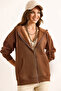 Women's Brown Hooded Zippered Oversized Hooded Sweatshirt Swt-19000718 - 5