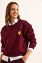 Women's Burgundy Lemon Embroidered Crop Thick Sweatshirt with Fleece Inside Swt-19000716 - 5