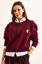 Women's Burgundy Lemon Embroidered Crop Thick Sweatshirt with Fleece Inside Swt-19000716 - 2