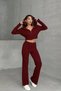 Women's Hooded Zippered Crop Cardigan Pants Bottom Top Knitwear Set - Claret Red S/M - 3