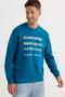 Unisex Oversize Cotton Soft Textured Crew Neck Printed Turquoise Sweatshirt with Fleece Inside - 2